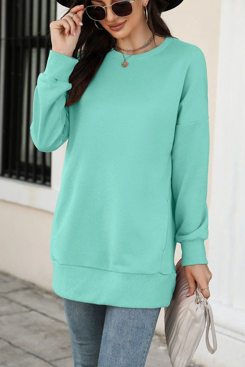 WOMEN CREW NECK LONG LENGTH PULLOVER TOP VentilatedMeshPaneling