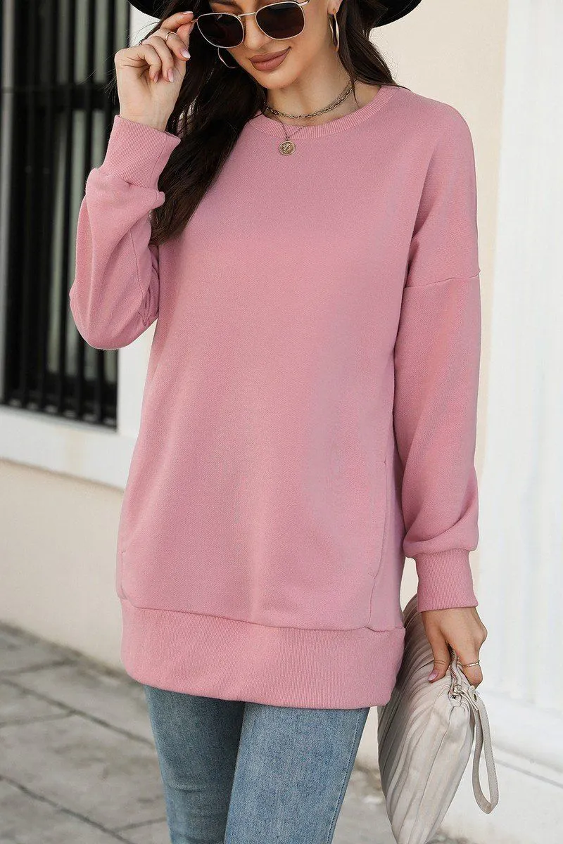WOMEN CREW NECK LONG LENGTH PULLOVER TOP Sandwich Mesh Panel Structure LayeredDurability