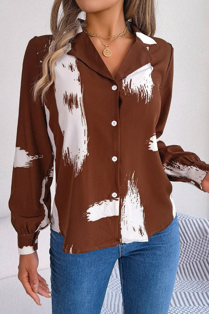 WOMEN DANDY PATTERNED BUTTON DOWN OFFICE BLOUSE Sporty Style BondedEdges