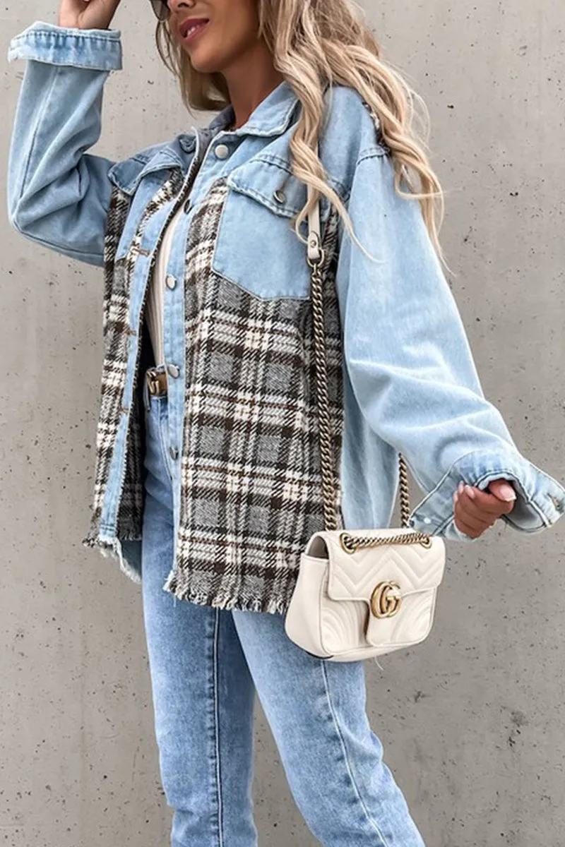 FadeResistant Treatment Winter Fashion WOMEN DENIM PATCHWORK PLAID JACKET100% POLYESTERSIZE S(2)-M(2)-L(2)-XL(2)MADE IN CHINA