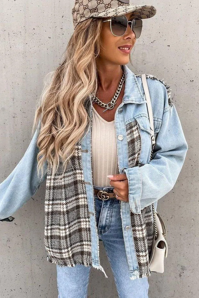 WOMEN DENIM PATCHWORK PLAID JACKET100% POLYESTERSIZE S(2)-M(2)-L(2)-XL(2)MADE IN CHINA Formal Tank Reflective Logo Detail