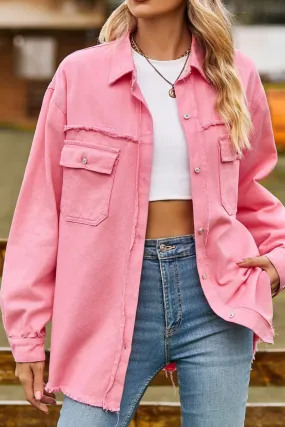 WOMEN DISTRESSED HEM BUTTON UP DENIM SHIRT Reversible Layering Tech Modern Polo