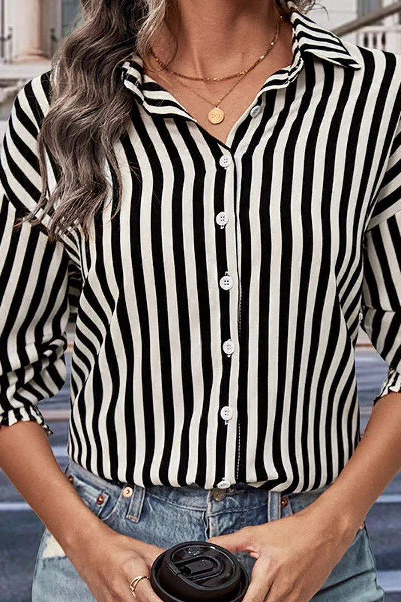 WOMEN FITTED CUFF BUTTON UP STRIPE SHIRTS EthicallySourced Contrast Topstitching Detail