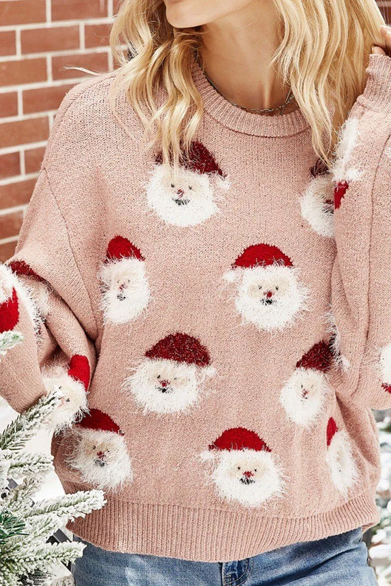 Light Deflection Fabric WOMEN FURRY CHRISTMAS SANTA PRINTING KNIT SWEATER