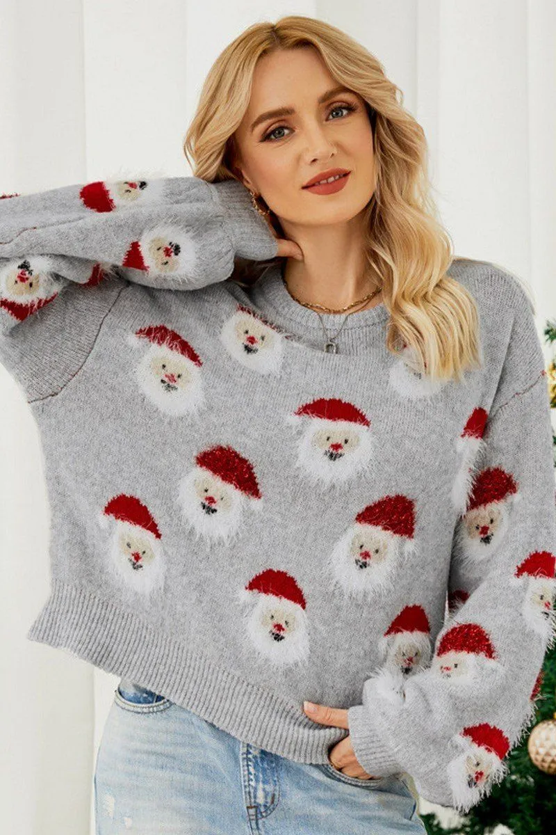 Flexible Ribbing WOMEN FURRY CHRISTMAS SANTA PRINTING KNIT SWEATER