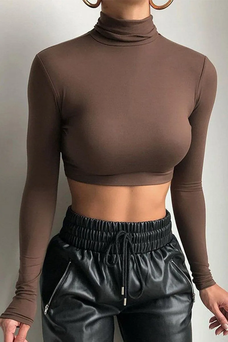 WOMEN HIGH NECK LONG SLEEVE FITTED SEXY CROP TOP High Neckline