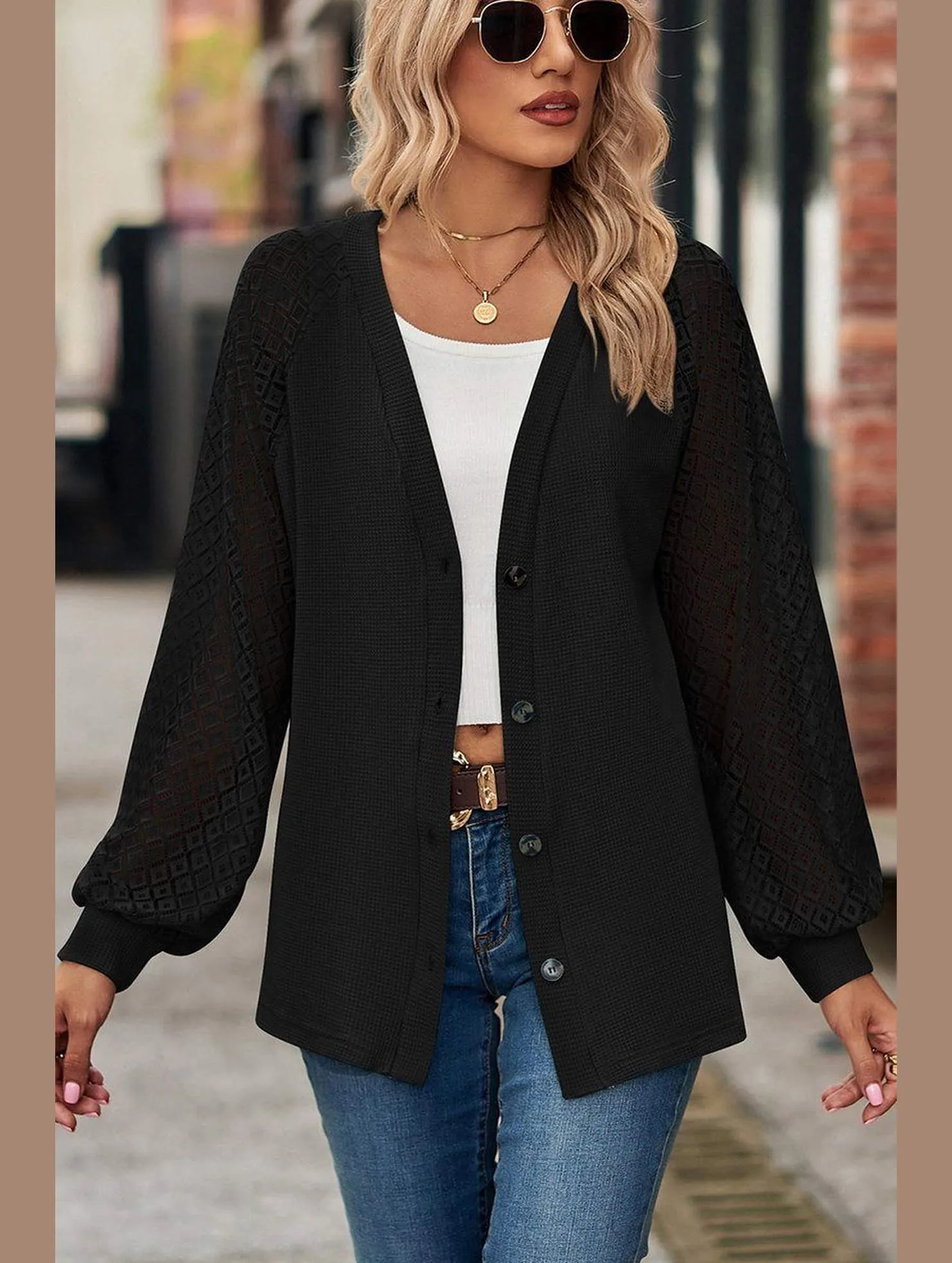 ReflectiveTrimDetails WOMEN LACE TRIM SLEEVED BUTTON UP SHIRT