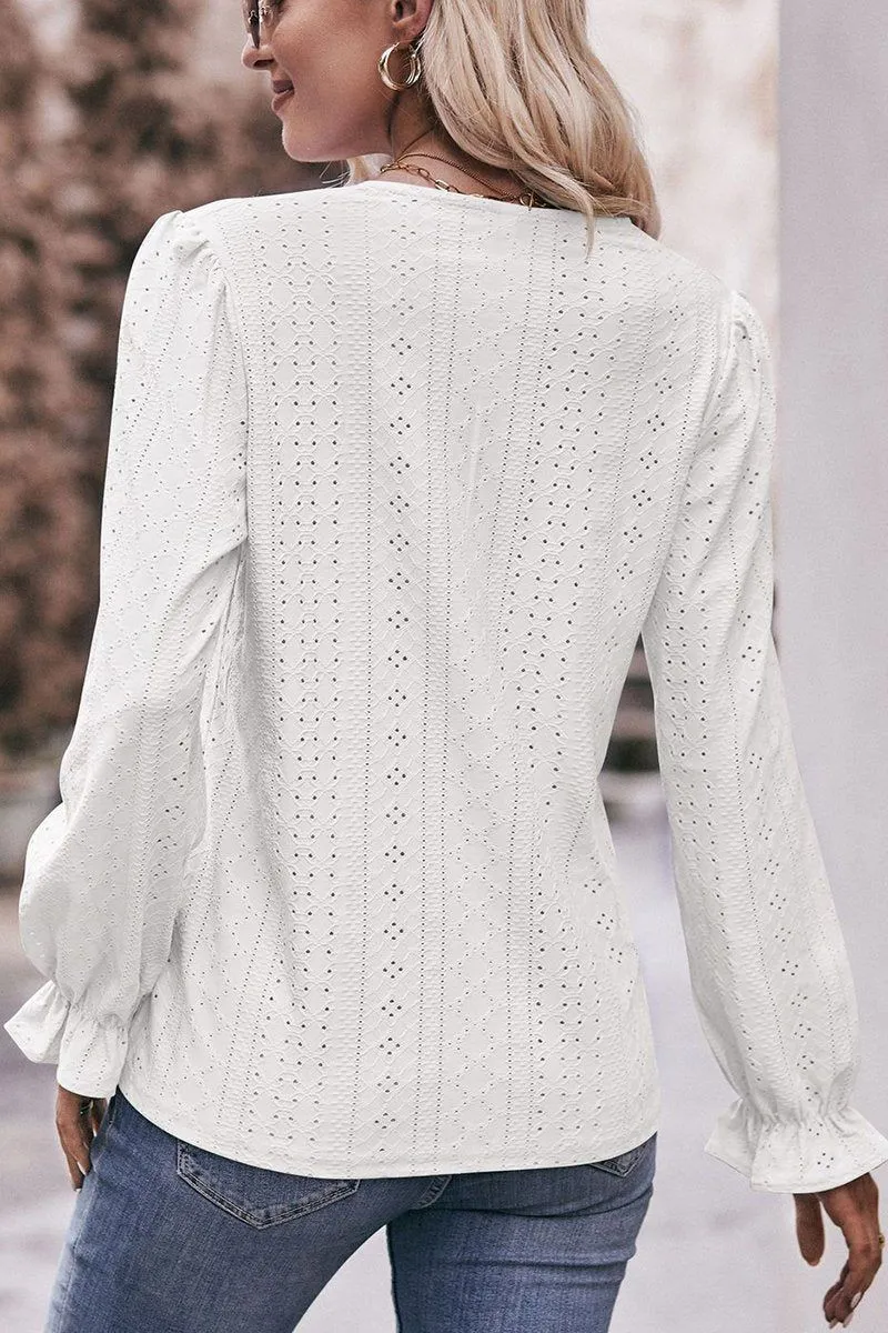 WOMEN LACE TRIM V NECK FLARED SLEEVE BLOUSE Casual Style Modern Design
