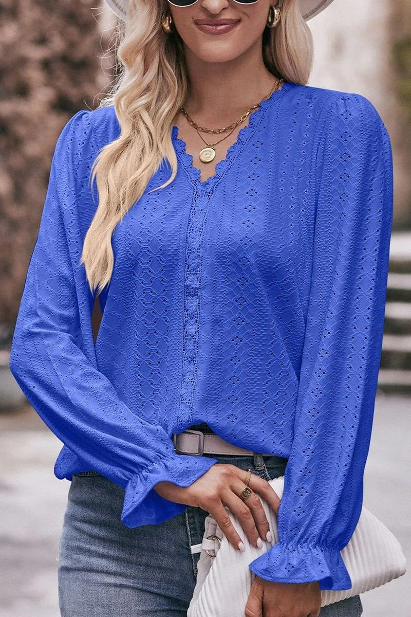 ThermalRegulating Fabric WOMEN LACE TRIM V NECK FLARED SLEEVE BLOUSE