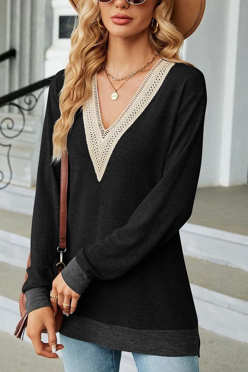 Relaxed Crew Neck Opening WOMEN LONG LENGTH GUIPURE LONG SLEEVE TOP