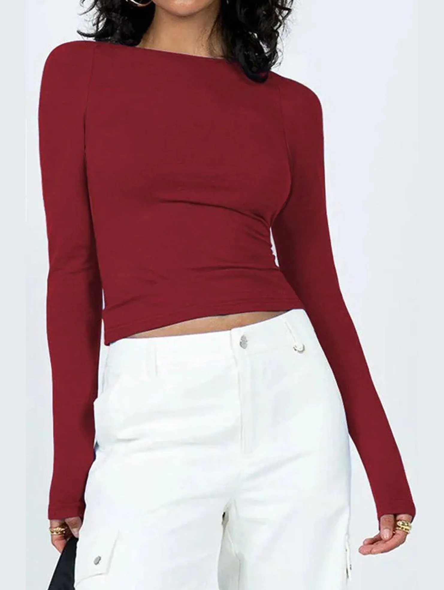 DurableCollarStays TearResistantWeave WOMEN LONG SLEEVE BACKLESS TIGHT T SHIRT