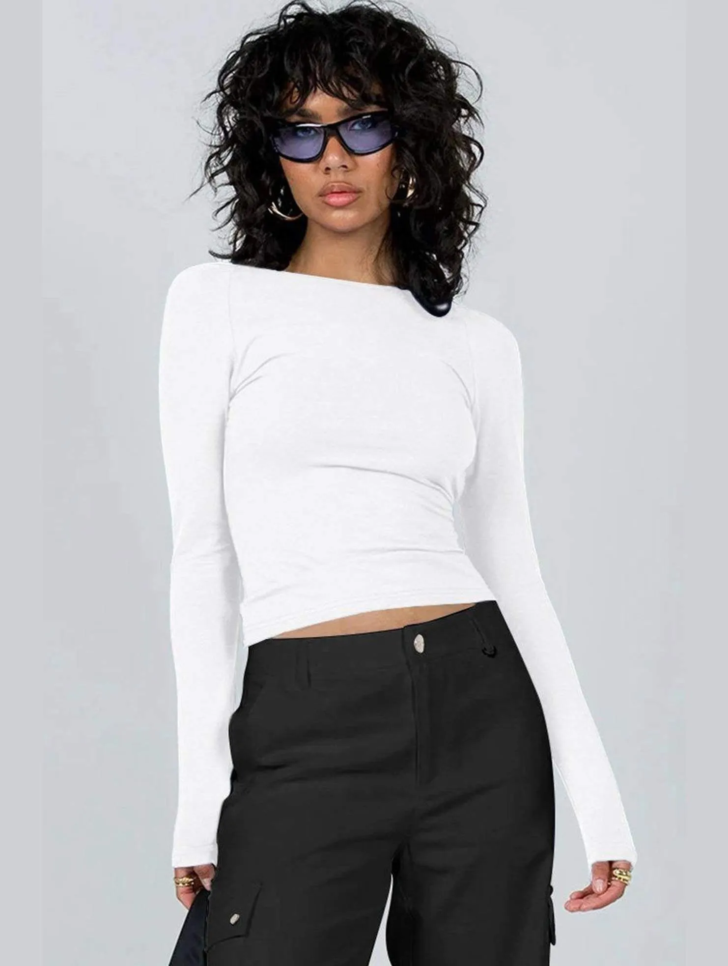 Raw Edge Finish WOMEN LONG SLEEVE BACKLESS TIGHT T SHIRT