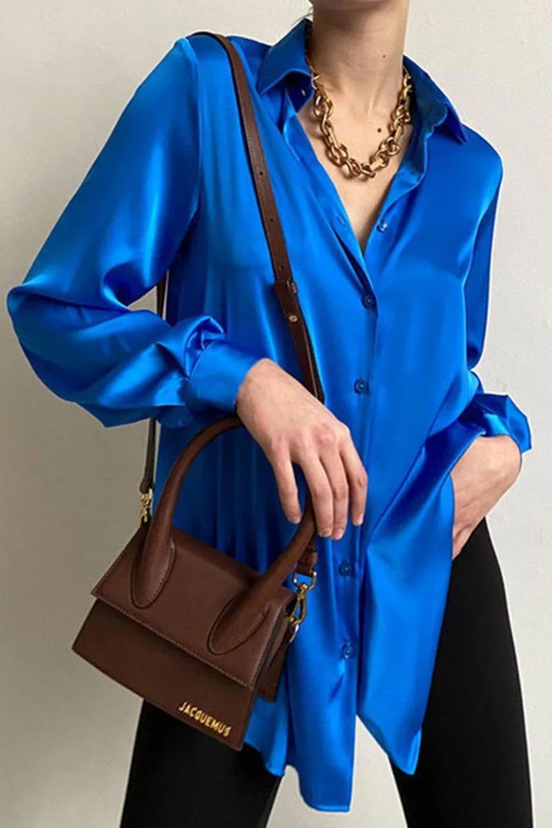 WOMEN LONG SLEEVED SATIN BUTTON UP SHIRTS Hybrid Fabric Blend