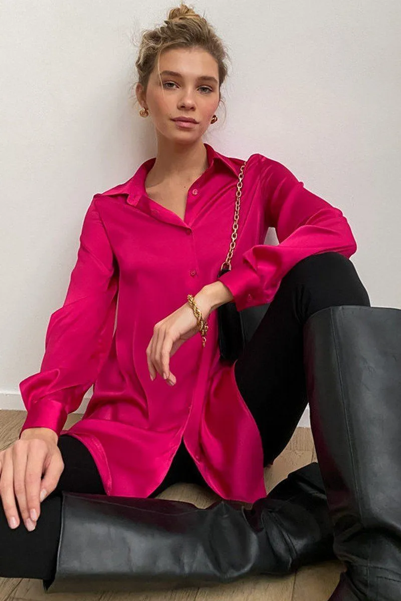 WOMEN LONG SLEEVED SATIN BUTTON UP SHIRTS HighNeckCut Stretch waistband