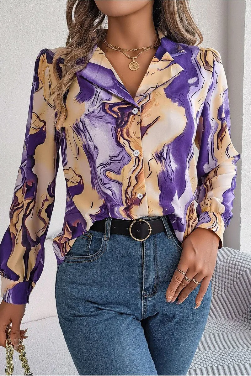 Temperature Control Technology WOMEN MARBLE PATTERNED BUTTON DOWN OFFICE BLOUSE