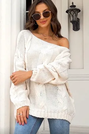 Anti Pilling Finish WOMEN OFF SHOULDER OVERSIZED CABLE KNIT SWEATER