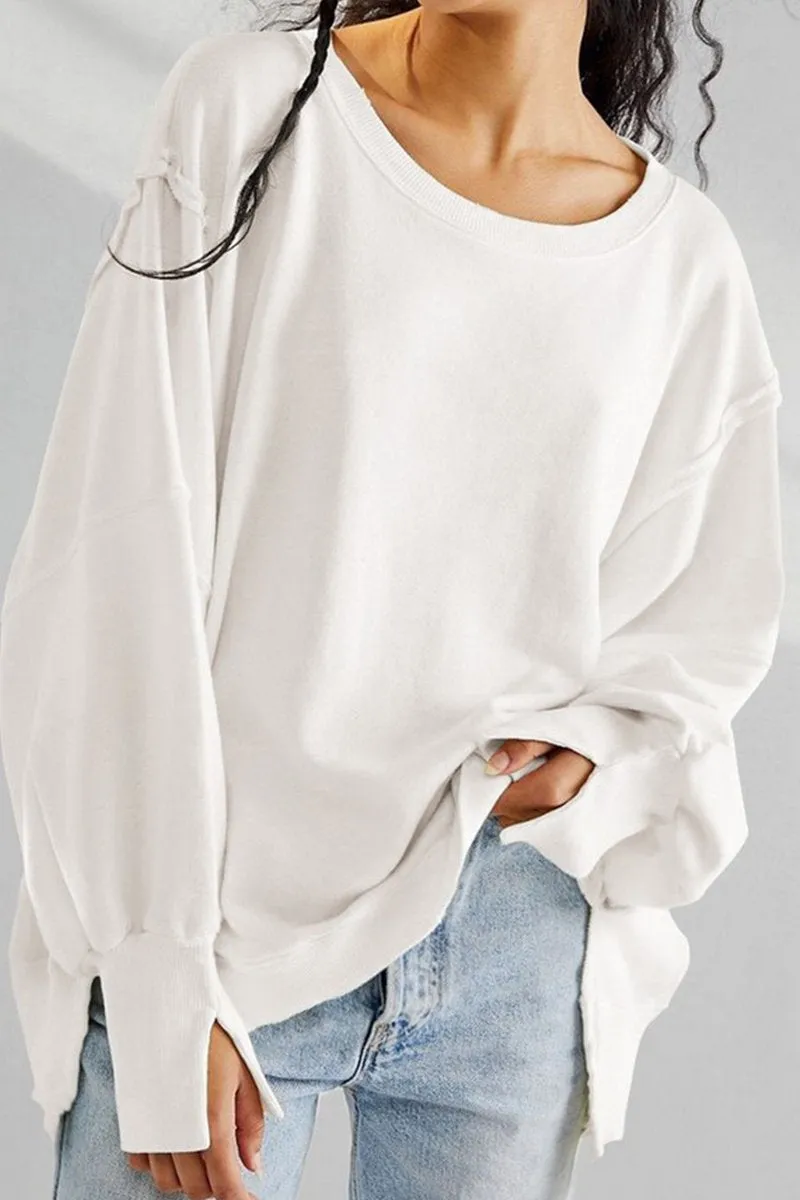 RawHemDetail Stretchable Knit WOMEN OVERSIZED LOOSE FIT LONG SLEEVE JUMPER TOP