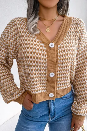 WOMEN PATCHWORK KNIT BIG BUTTON DOWN CARDIGAN LowImpact Manufacturing