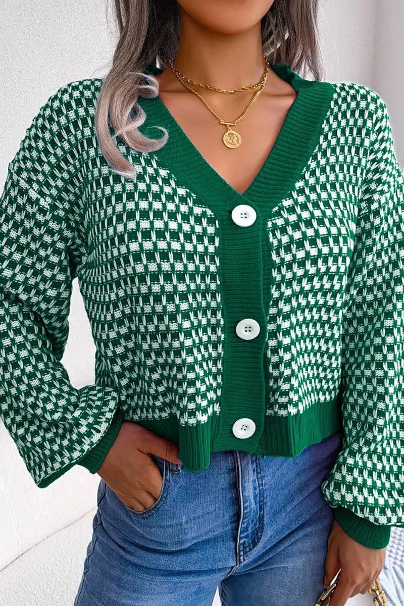 Trendy Sweater WOMEN PATCHWORK KNIT BIG BUTTON DOWN CARDIGAN