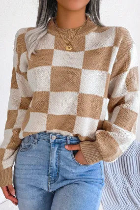 WOMEN PATCHWORK PATTERN LOOSE FIT KNITTED SWEATER WrinkleResistant Fabric Tagless Collar