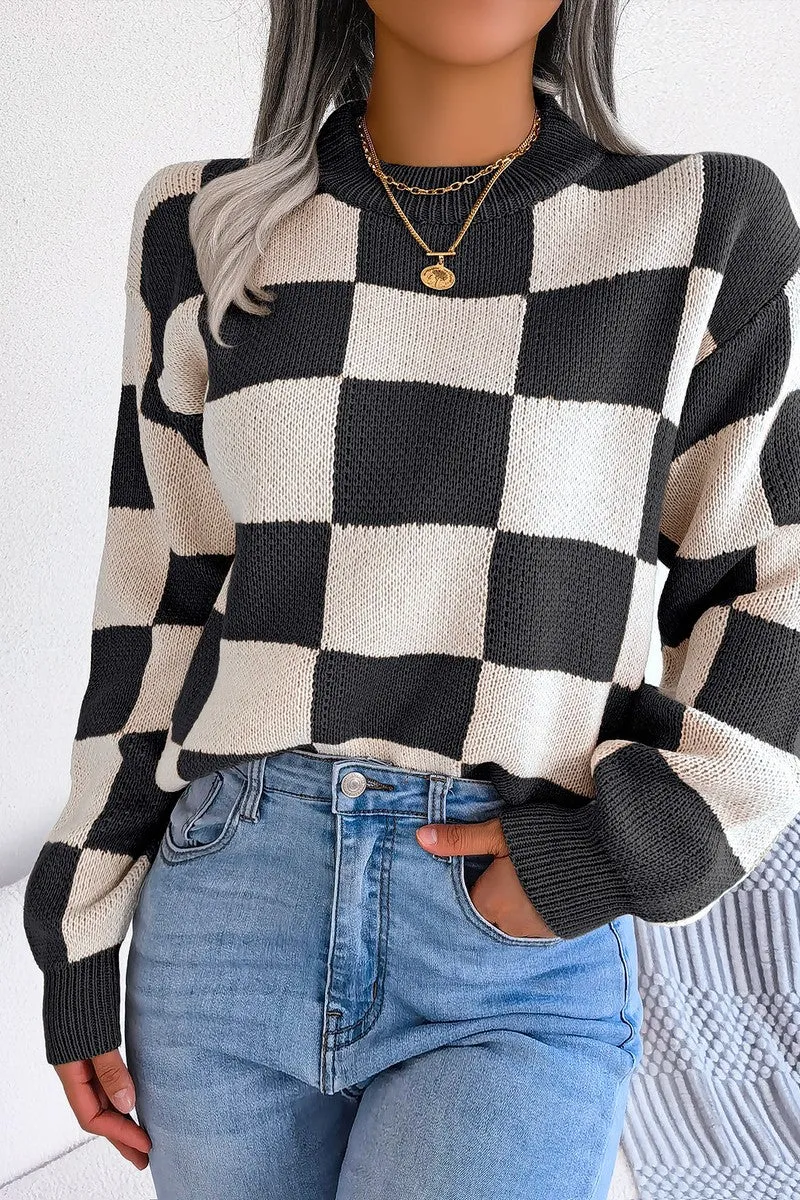 WOMEN PATCHWORK PATTERN LOOSE FIT KNITTED SWEATER Interlock Weave