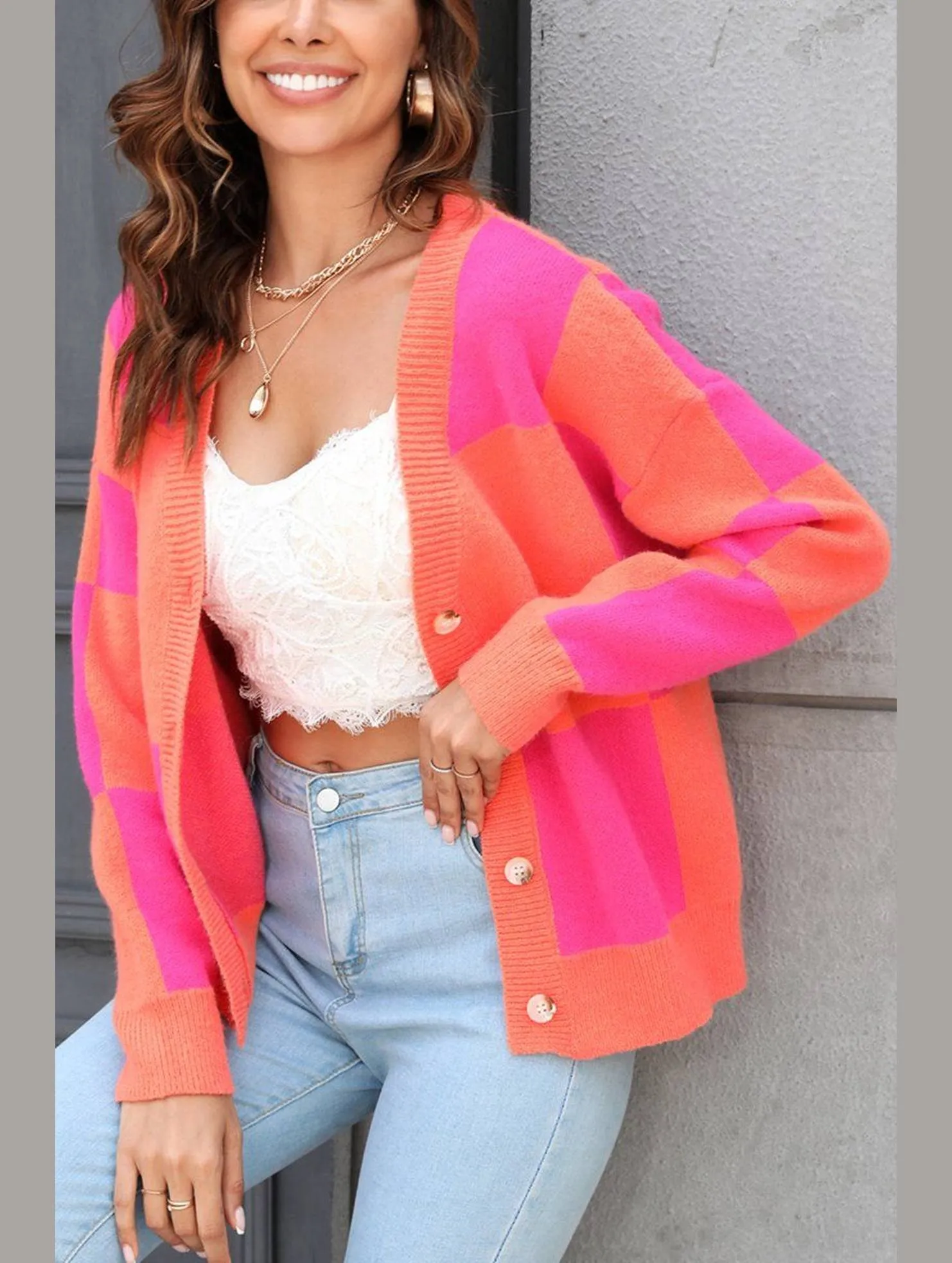 WOMEN PLAID COLOR BLOCK BUTTON UP CARDIGAN NonChafe Lining Lightweight Fabric