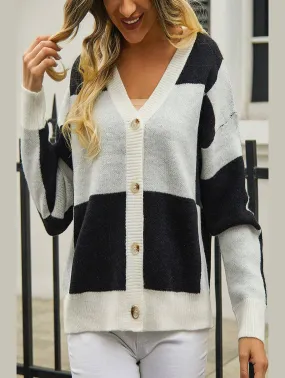 AthleticInspired WOMEN PLAID COLOR BLOCK BUTTON UP CARDIGAN