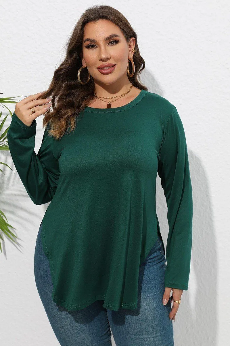 WOMEN PLUS SIZE SIDE SLIT LONG SLEEVE T SHIRT Quick-Dry Fabric