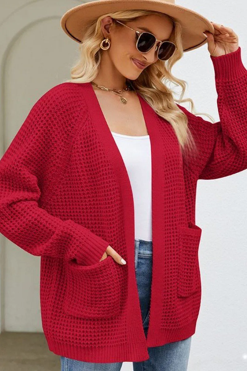 HypoallergenicFabric ConvertibleCollar WOMEN RIBBED KNIT CARDIGAN WITH POCKETS