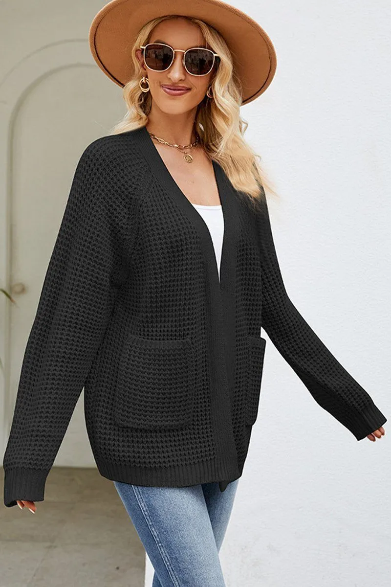 Contrast Topstitching Detail NonRestrictiveCut WOMEN RIBBED KNIT CARDIGAN WITH POCKETS
