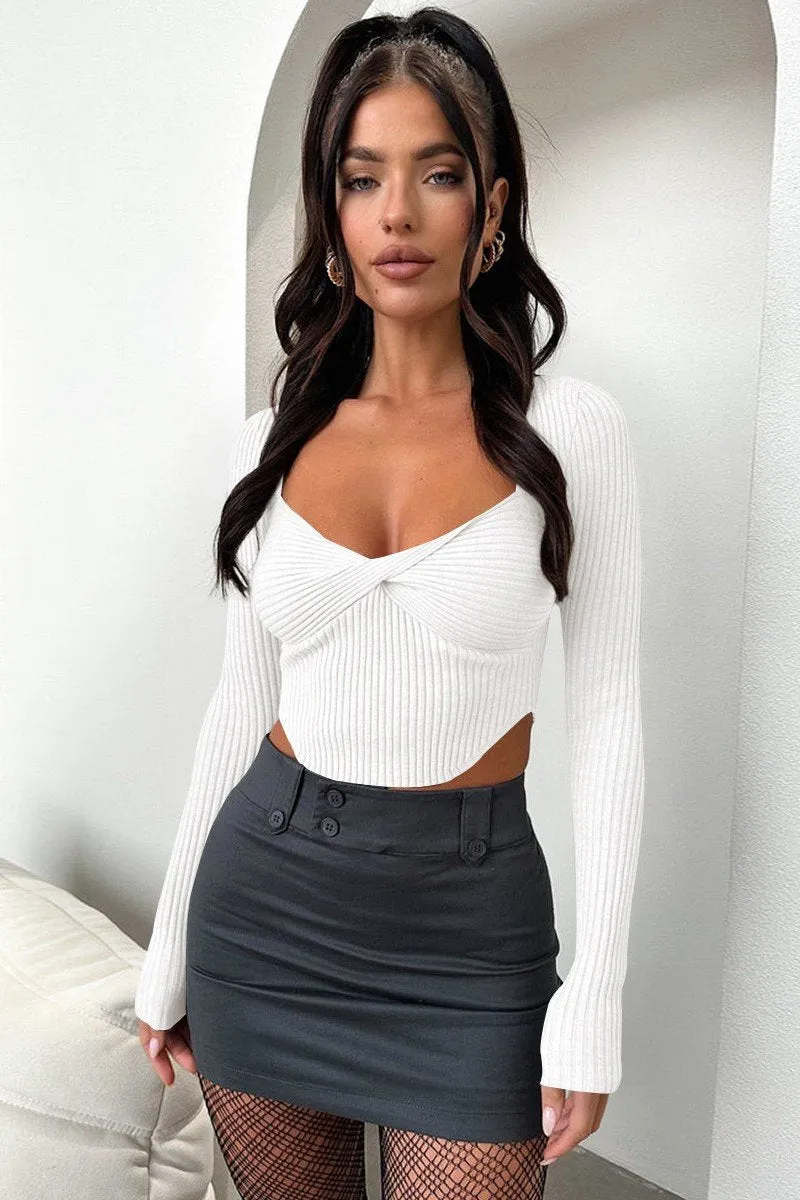 Cozy Sweater WOMEN SEXY DEEP NECK TIGHT LONG SLEEVE CROP TOP