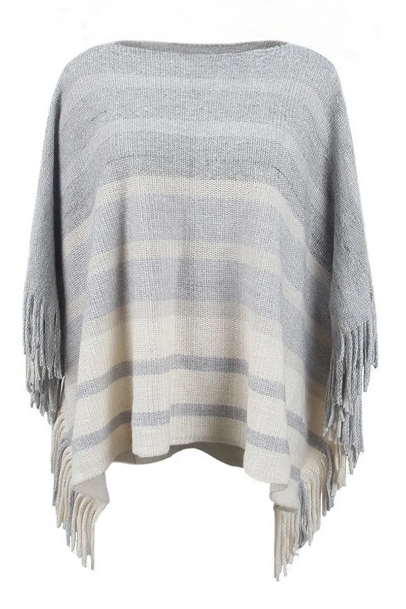 TaglessLabel Anti Static Cloth Blend WOMEN STRIPE COLOR BLOCK TASSEL PONCHO SHAWL