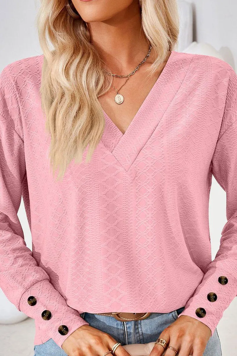 WOMEN V NECK BUTTONED CUFF LOOSE FIT BLOUSE Ventilated Mesh Panels FlatlockSeams