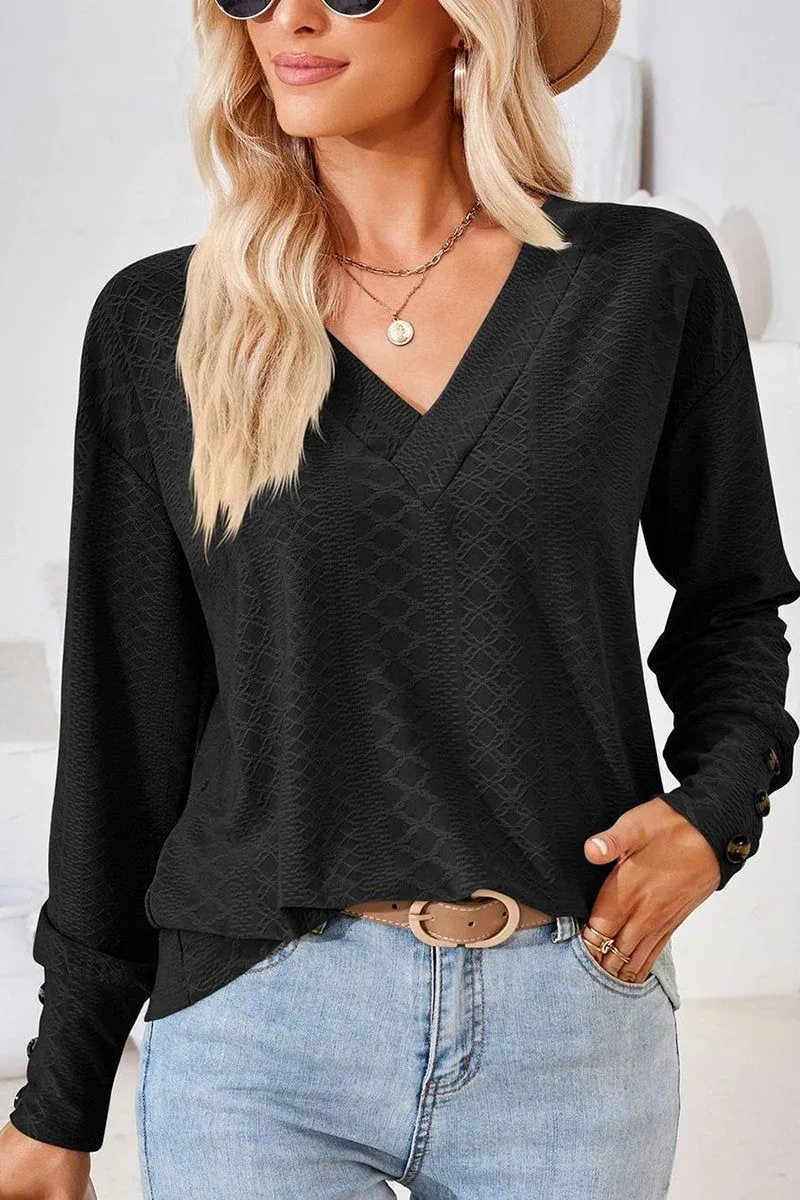 WOMEN V NECK BUTTONED CUFF LOOSE FIT BLOUSE RibbedCollar SoftFeel Fabric
