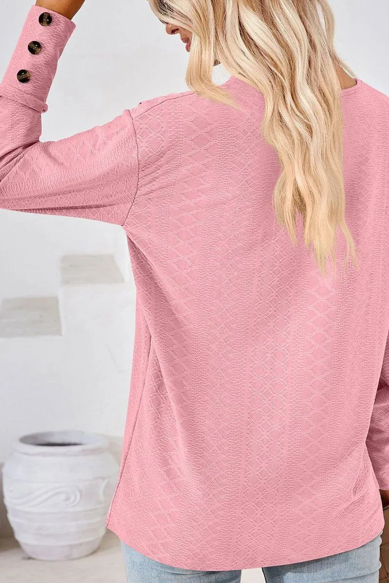 Breathable Design WOMEN V NECK BUTTONED CUFF LOOSE FIT BLOUSE