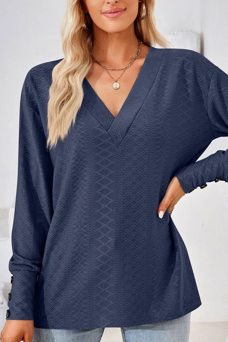 WOMEN V NECK BUTTONED CUFF LOOSE FIT BLOUSE Fade Resistant Finish TaglessCollars