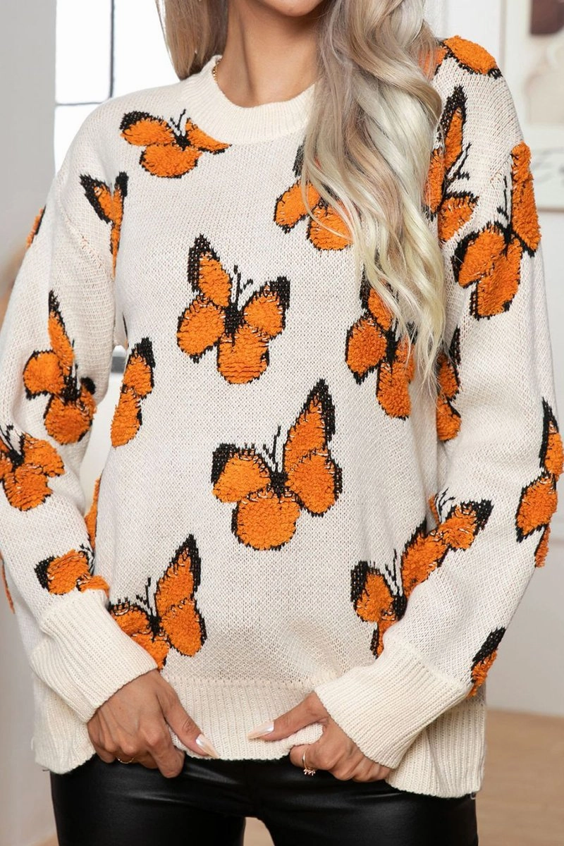 Non Irritating Seams WOMEN BUTTERFLY JACQUARD LOOSE KNIT SWEATER