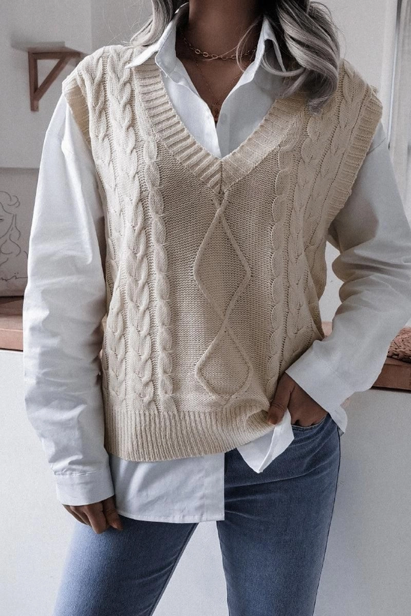Thermal Insulation Core WOMEN CABLE KNIT V NECK VEST SWEATER