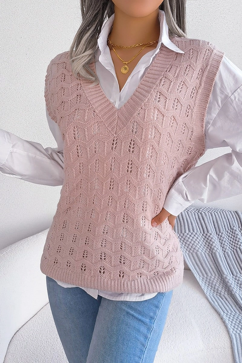 Quick Release Fasteners Retro design WOMEN CABLE KNITTED RIBBED V NECK SWEAT VEST