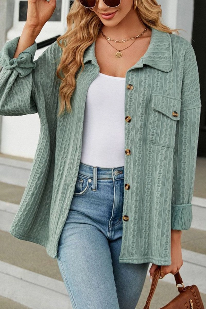 Quick Release Fastener Bonded Seam Technique WOMEN CABLE PATTERN STITCHED BUTTON DOWN SHACKET