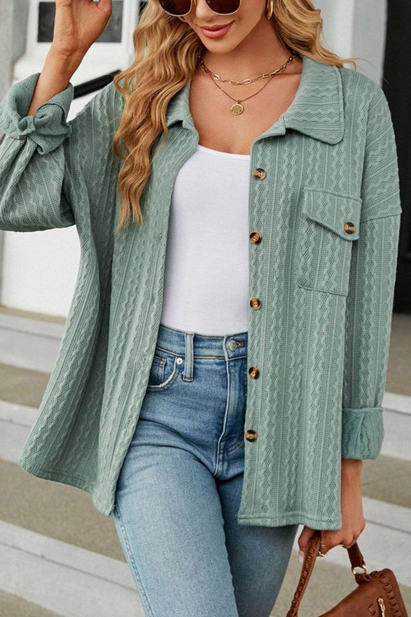 Multipurpose Layering Piece Sporty Hoodie WOMEN CABLE PATTERN STITCHED BUTTON DOWN SHACKET