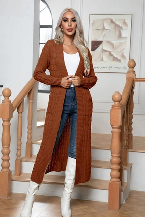 WOMEN CHUNKY CABLE KNITTED LONG LENGTH CARDIGAN Self Fabric Tie
