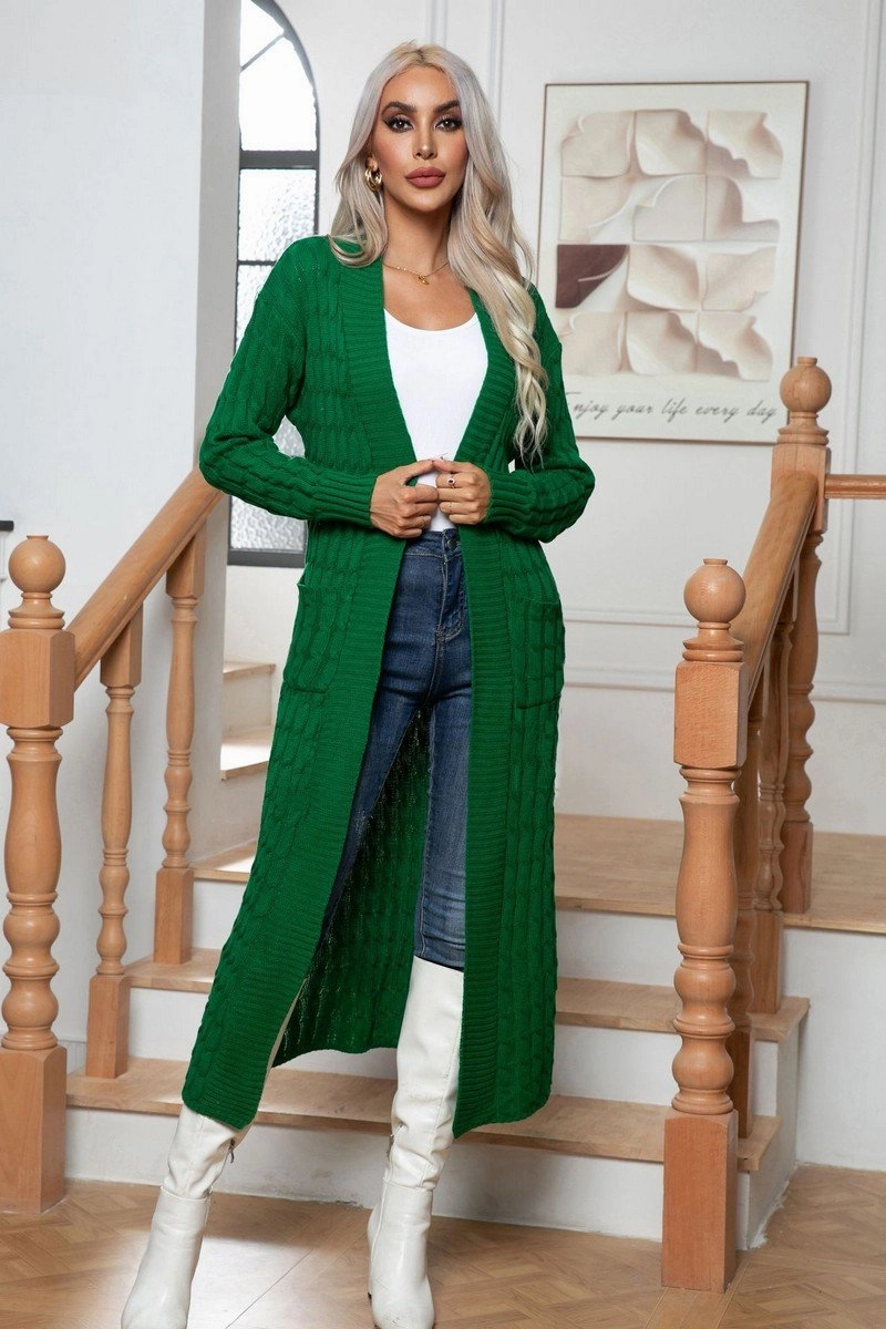 Textured Fabric Finish Thermal Insulation Core WOMEN CHUNKY CABLE KNITTED LONG LENGTH CARDIGAN