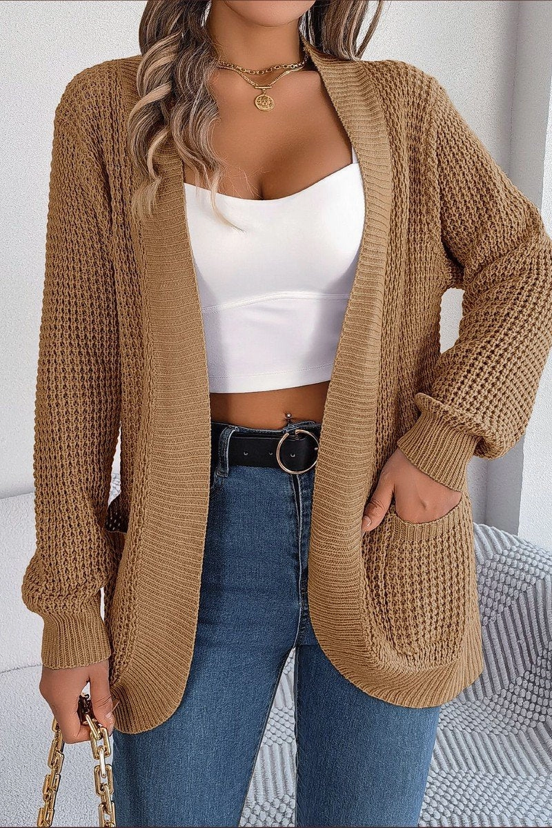 WOMEN CHUNKY WAFFLE KNIT OPEN FRONT CARDIGAN MinimalistStyle