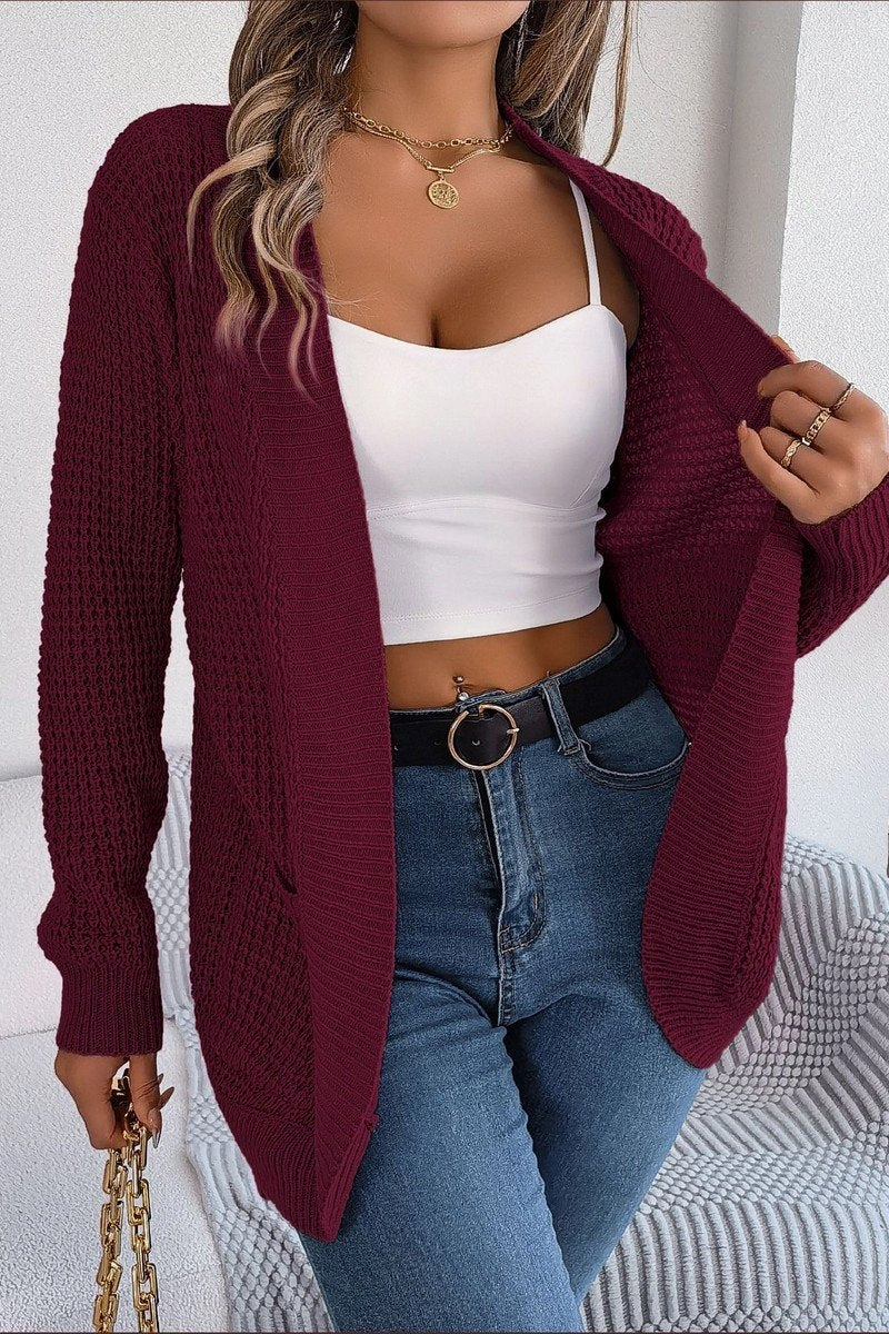 Raw Edge Finish WOMEN CHUNKY WAFFLE KNIT OPEN FRONT CARDIGAN