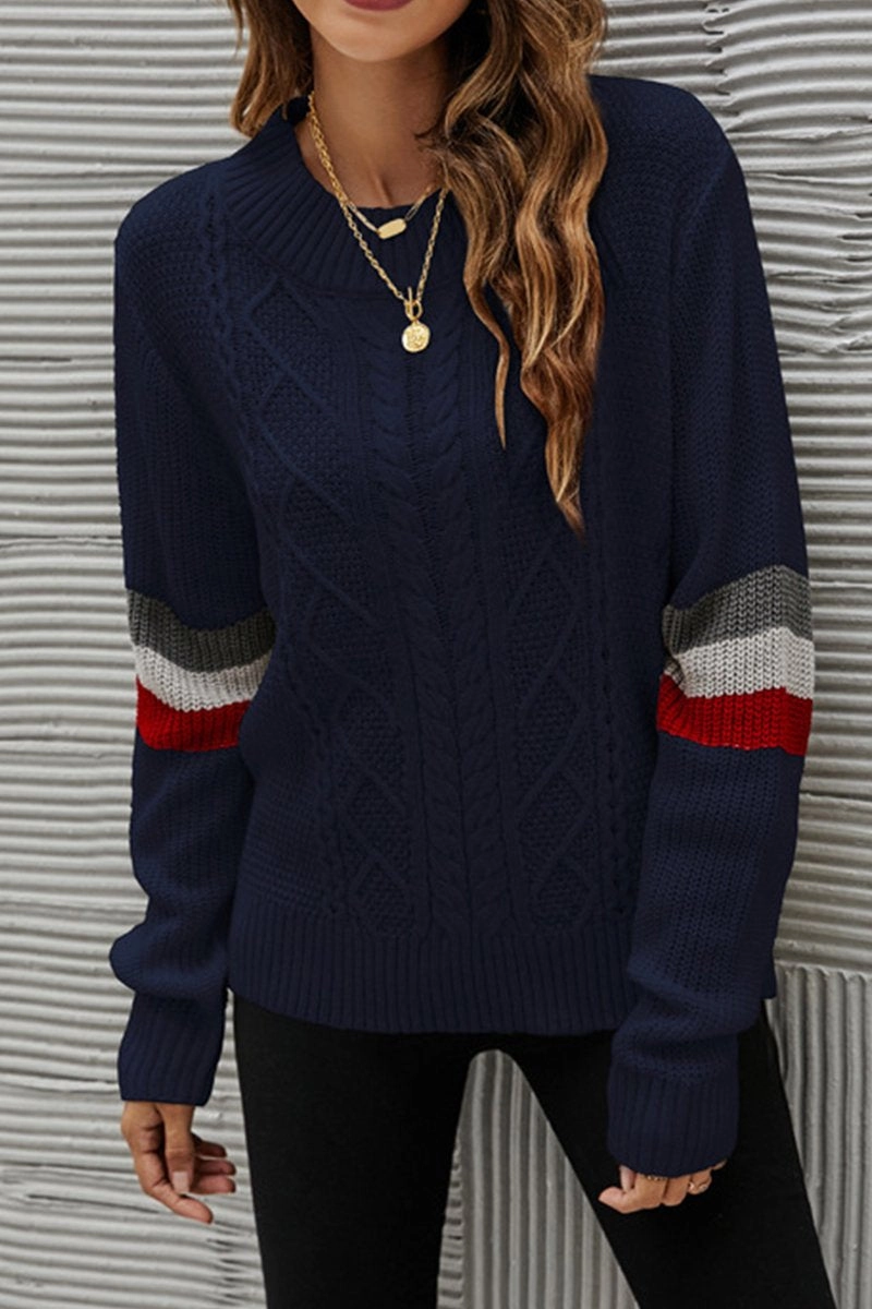 WOMEN COLOR STRIPE SLEEVE LOOSE KNIT JUPMER TOP Friction Reducing Finish