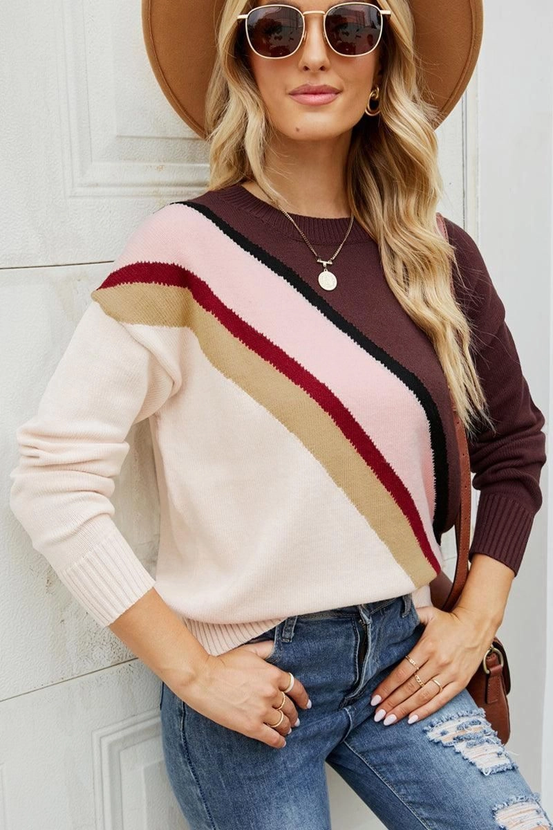 WOMEN COLOR STRIPED RIB SLEEVE PULLOVER V-neck Shirt