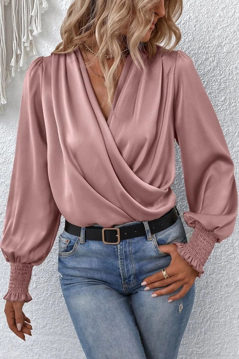 WOMEN CROSS WRAP RIBBED SLEEVE BLOUSE TOP TwoToneEffect