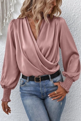 WOMEN CROSS WRAP RIBBED SLEEVE BLOUSE TOP TwoToneEffect