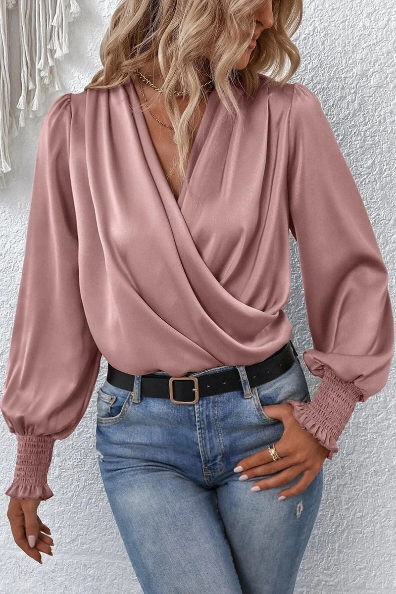 WOMEN CROSS WRAP RIBBED SLEEVE BLOUSE TOP Stretch Woven Material